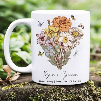 Custom Garden Birth Flower Bonquet Mug With Kids' Names Personalized Family Gift For Mom Grandma Mother's Day Gifts Ideas