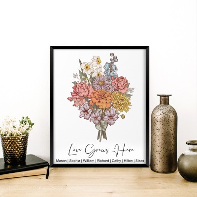 Custom Grandma's Garden Birth Month Flower Bouquet Art Print Frame with Grandkids Names Christmas Gifts