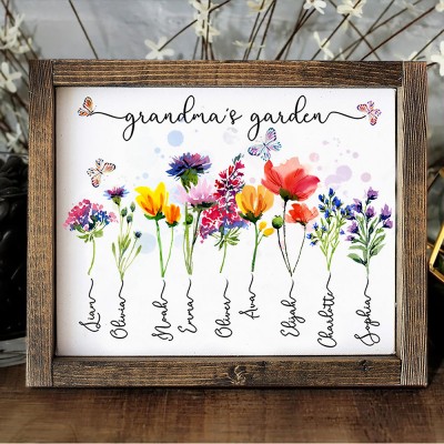 Personalized Grandma's Garden Birth Flower Sign with Grandkids Name Gift for Mom Grandma