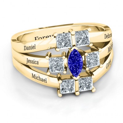 S925 Sterling Silver Personalized Charlotte Center Marquise and Princess Ring with 1-6 Birthstones For Mom
