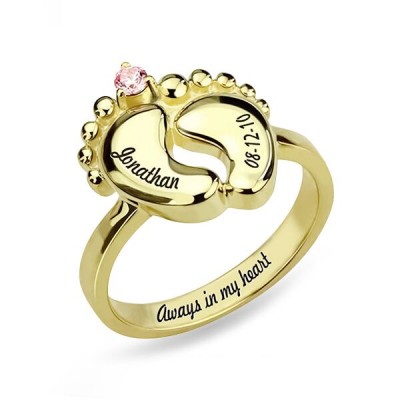 S925 Sterling Silver Personalized Engraved Baby Feet Ring With Birthstone For Mom