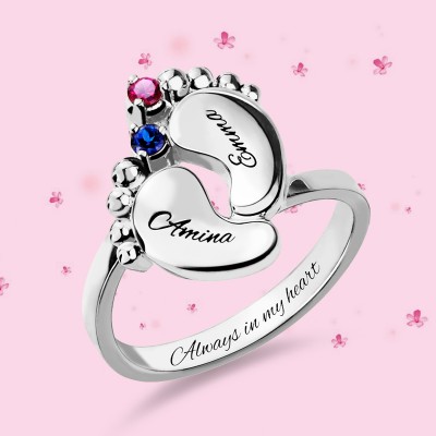 S925 Sterling Silver Personalized Baby Feet Ring with Birthstone For Mom