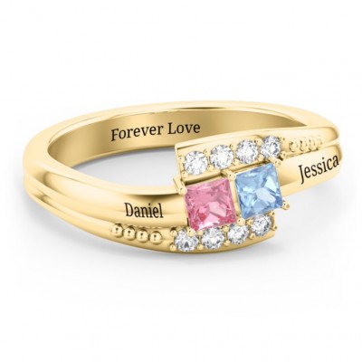 S925 Sterling Silver Princess Cut Double Bypass Birthstone Promise Ring With Engraving