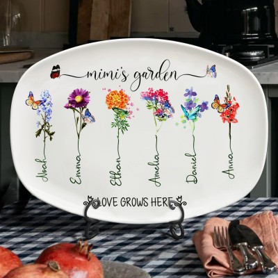 Custom Grandma's Garden Plate With Grandkids Names Family Birth Flower Platter Unique Gifts for Grandma Mom