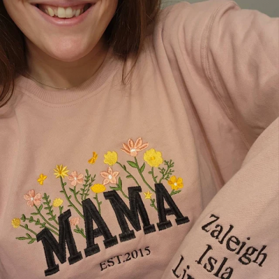 Custom Mama Flower And Grass Embroidered Sweatshirt Hoodie Nice Gifts For Mom Grandma