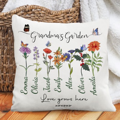 Custom Grandma's Garden Birth Flower Pillow with Kids Names Gift Ideas for Mom Grandma New Mom Gift Family Gift 