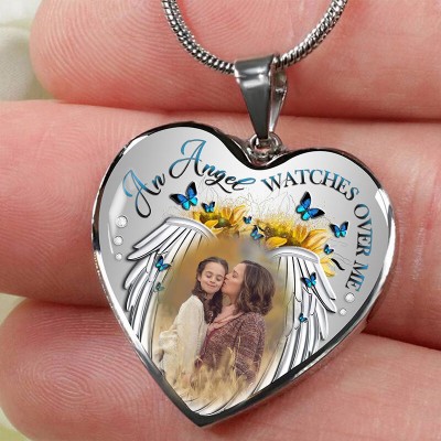 Personalized An Angel Watches Over Me Photo Heart Necklace Memorial Gift for Her