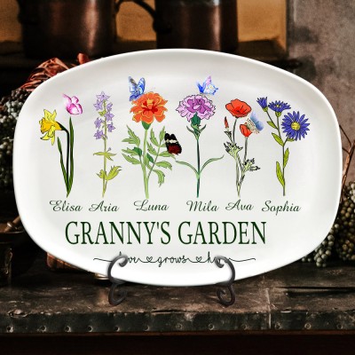 Grandma Birth Month Flower Garden Plate Personalized Family Platter Unique Gift Ideas for Mom Grandma