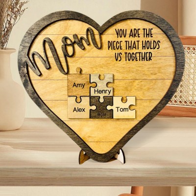 Personalized Heart Shaped Puzzle Pieces Mom Name Sign Gift for Mom Grandma