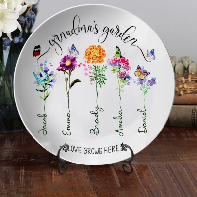 Personalized Nana's Garden Birth Flower Platter Engraved with Kids Names Unique Gifts for Grandma Mom