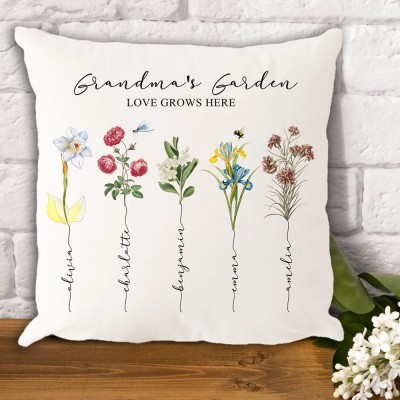 Custom Grandma's Garden Pillow with Grandkids Names Gift for Mom Grandma Birthday Gift  
