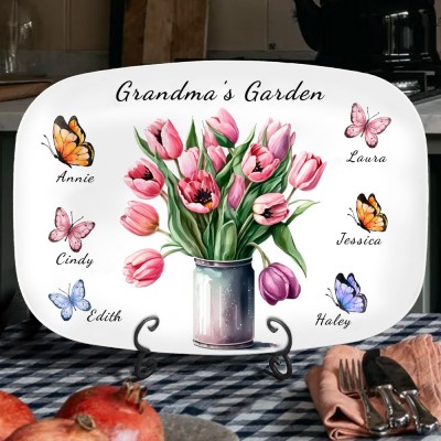 Mom's Garden Butterfly Flower Platter with Kids Names Customized Plate for Mom Christmas Gifts
