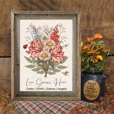 Custom Nana's Garden Birth Flower Bouquet Art Frame with Kids Names Christmas Gift Ideas for Mom Grandma