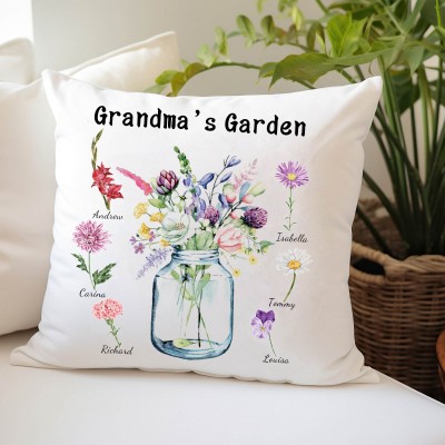 Grandma's Garden Custom Birth Flower Pillow with Grandkids Names Christmas Gifts Unique Gift Ideas for Mom Grandma