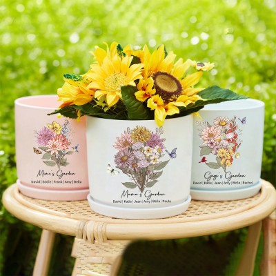 Personalized Mom's Garden Birth Flower Bouquet Outdoor Pot Family Gift Ideas For Mom Grandma Mother's Day Gifts