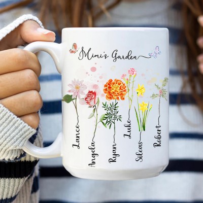 Personalized Grandma's Garden Birth Flower Mug with Kid Names Love Gift Ideas for Grandma Mom Unique Mother's Day Gift