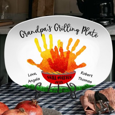 Custom Papa's Grilling Handprint Plate Engraved with Kids Name Gift for Father's Day