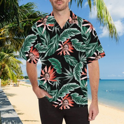 Custom Face Hawaiian Shirt White Flower Leaves Shirts Couple Birthday Gift Vacation Party Gift Ideas For Him
