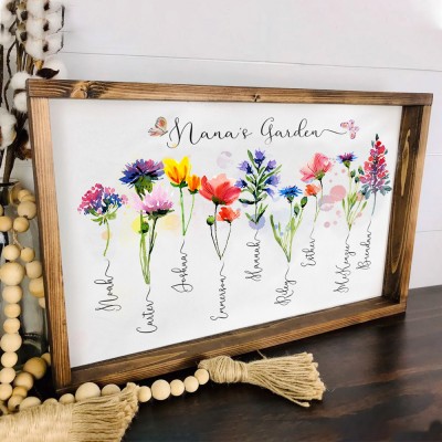 Engraved Wood Birth Flower Nana's Garden Sign with Grandkids Name Personalized Mother's Day Gifts