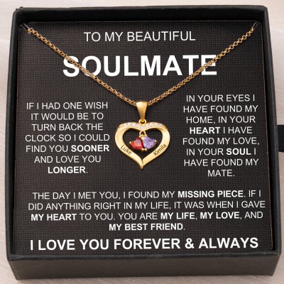 To My Soulmate Couple Heart Name Necklace with 2 Birthstones for Her Anniversary Gifts for Wife Valentine's Day Gifts
