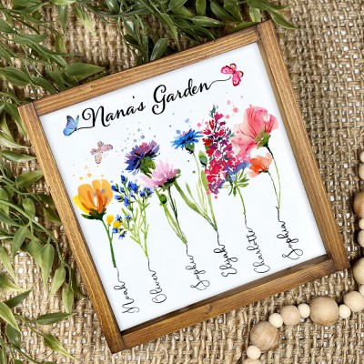 Custom Mom's Garden Art Print Birth Flower Wooden Frame Sign With Kids Name Unique Mother's Day Gifts For Mom Grandma
