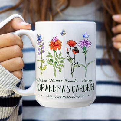 Grandma's Garden Birth Month Flower Personalized Mug with Kids Names Unique Gift Ideas for Mom Grandma Christmas Gift Family Gift