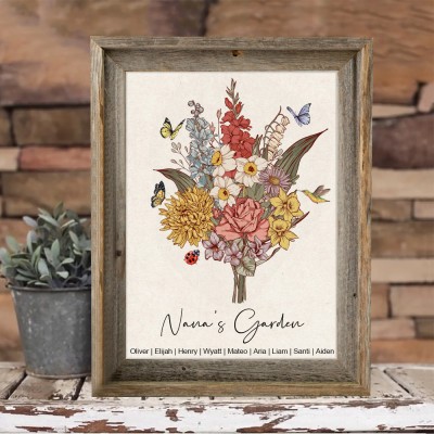 Custom Family Birth Flower Bouquet Art Print Frame with Kids Names Christmas Gift Ideas for Mom Grandma