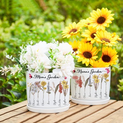 Personalized Mom's Garden Birth Flower Plant Pot With Kids Name Mother's Day Gifts Heartful Gift for Mom Grandma