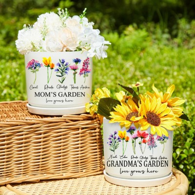 Grandma's Garden Birth Month Flower Pot with Kids Names Personalized Gifts for Mom Grandma Love Gift Ideas for Her