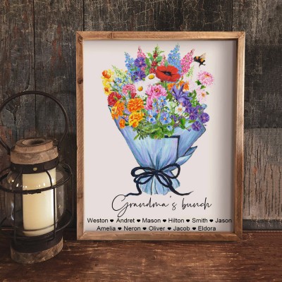 Custom Birth Flower Bouquet Print with Names Gift Ideas for Mom Birthday Gifts for Her Family Keepsake Gifts