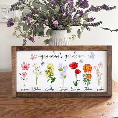 Personalized Grandma's Garden Birth Flower Wood Frame Sign with Grandkids Names Gift Ideas for Grandma Mom Christmas Gifts Mother's Day Gifts