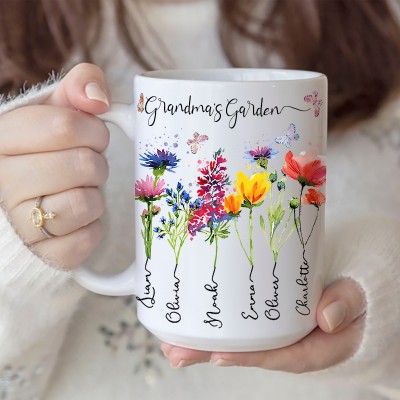 Personalized Mom's Garden Birth Month Flower Mug with Kids Names Unique Gifts for Mom Grandma Birthday Gifts for Her