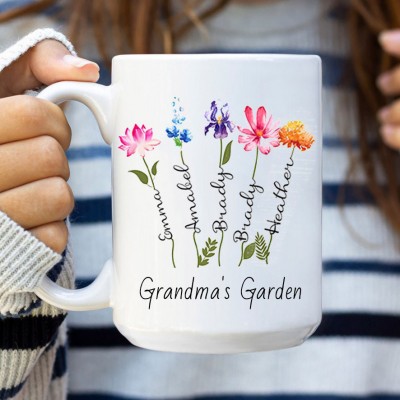 Custom Birth Flower Mug with Kids Names Grandma's Garden Gift Ideas Christmas Gifts for Mom Grandma