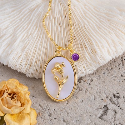Personalized Birth Month Flower Mother Shell Gold Necklace With Birthstone Mother's Day Christmas Gift