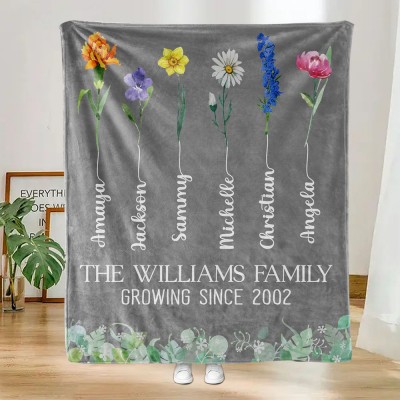 Birth Month Flower Sherpa or Fleece Blanket with Family Name Personalized Gift for Mom Grandma
