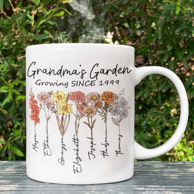 Personalized Grandma's Garden Birth Month Flower Mug with Family Names Gifts Ideas for Grandma Mom