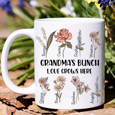 Personalized Grandma's Bunch Birth Flower Mug with Kids Names Gift Ideas for Mom Grandma