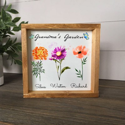Grandma's Garden Wood Sign Personalized Birth Flower Frame with Names Gifts for Grandma Mom Christmas Gift for Her