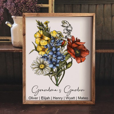 Personalized Birth Flower Bouquet Print Frame Family Keepsake GIfts Christmas Gifts for Grandma Mom