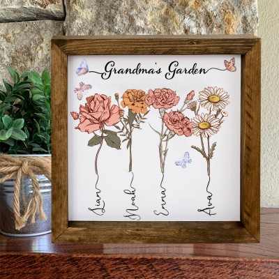 Custom Mom's Garden Birth Flower Frame Wood Sign With Kids Names Mother's Day Gift Ideas For Grandma Mom