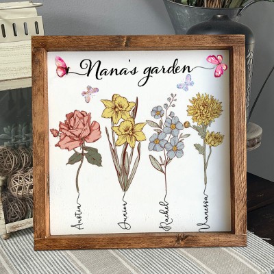 Personalized Handmade Birth Month Flowers Wooden Frame With Kids Names Family Keepsake Gift For Mom Grandma Mother's Day Gifts