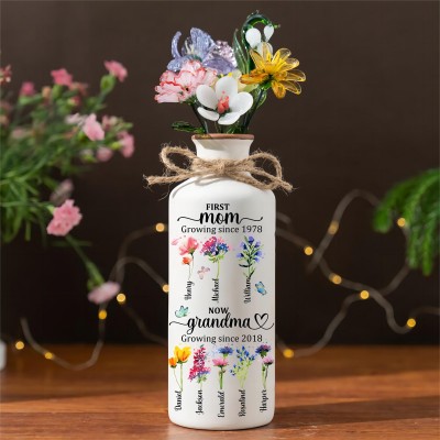 Personalized First Mom Now Grandma Birth Month Flower Vase with Kids Names Gift Ideas For Mom Grandma Mother's Day Gifts