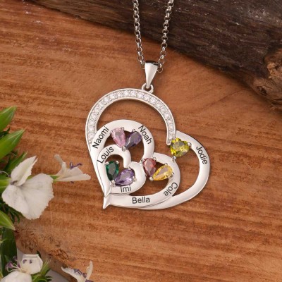 Personalized Heart Name Necklace with Birthstone Love Gift for Mom Family Necklace Anniversary Gift