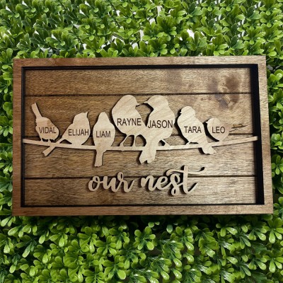 Personalized Our Nest Family Bird Frame Wood Family Sign with Kids Names Gift for Mom Grandma 