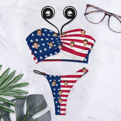 Personalized Face American Flag Swimsuit Self Tie Halter Neck Straps Cross Strap Bikini Summer Gift
