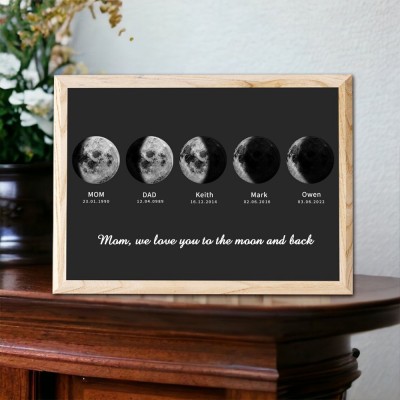 Mom We Love You To The Moon And Back Custom Moon Phase Frame with Kids Names for Mom Mother's Day Gift Ideas