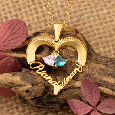 Personalized Heart 3D Names Necklace with Birthstone Designs Couple Necklace Gifts for Soulmate Girlfriend Anniversary Gifts for Wife