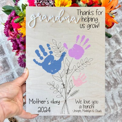 Grandma Thanks For Helping Us Grow Custom Flower Bouquet DIY Handprint Sign Gift for Mom Grandma