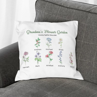 Grandma's Flower Garden Custom Pillow with Grandkids Names Gift for Mom Grandma