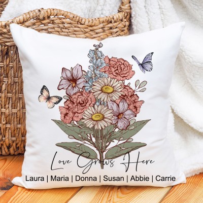 Personalized Grandma's Garden Birth Flower Bouquet Pillow With Names Heartful Mother's Day Gift Ideas For Mom Grandma